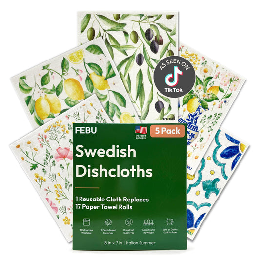 FEBU Swedish Dishcloths for Kitchen | 5 Pack Italian Summer Reusable Paper Towels Washable | Swedish Dish Towels | Non-Scratch Cellulose Sponge Cloths