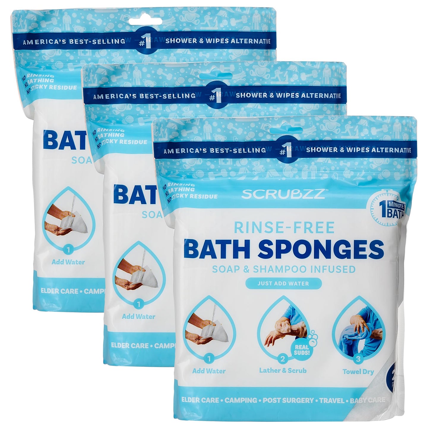 Scrubzz Disposable No Rinse Bathing Wipes - All-in-1 Single Use Shower Wipes, Simply Dampen, Lather, and Dry Without Shampoo or Rinsing (Unscented,