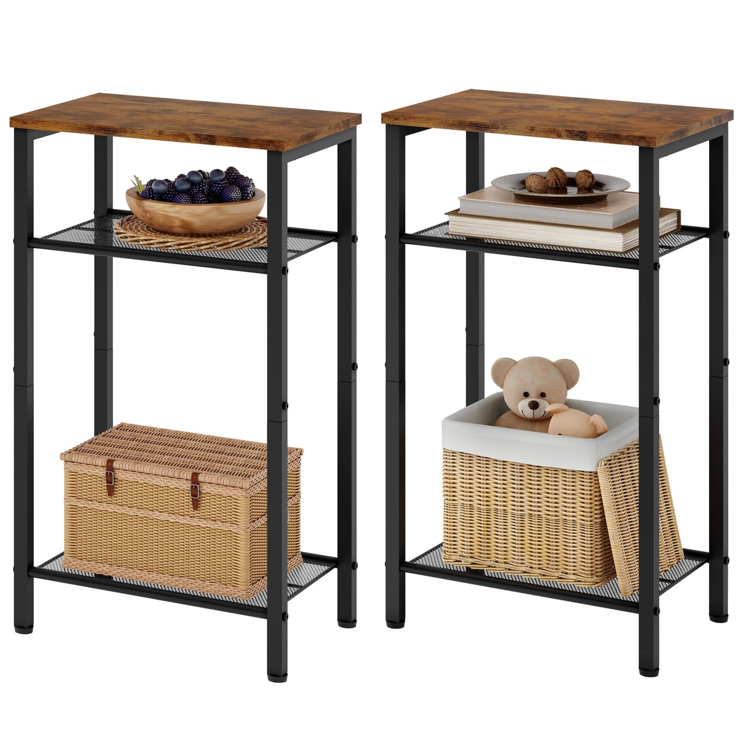 Hoctieon 2-Set 3 Tier End Table, Telephone Table Set of 2, Tall Side Table with Storage Set of 2, Small Nightstand for Small Spaces, Metal Frame