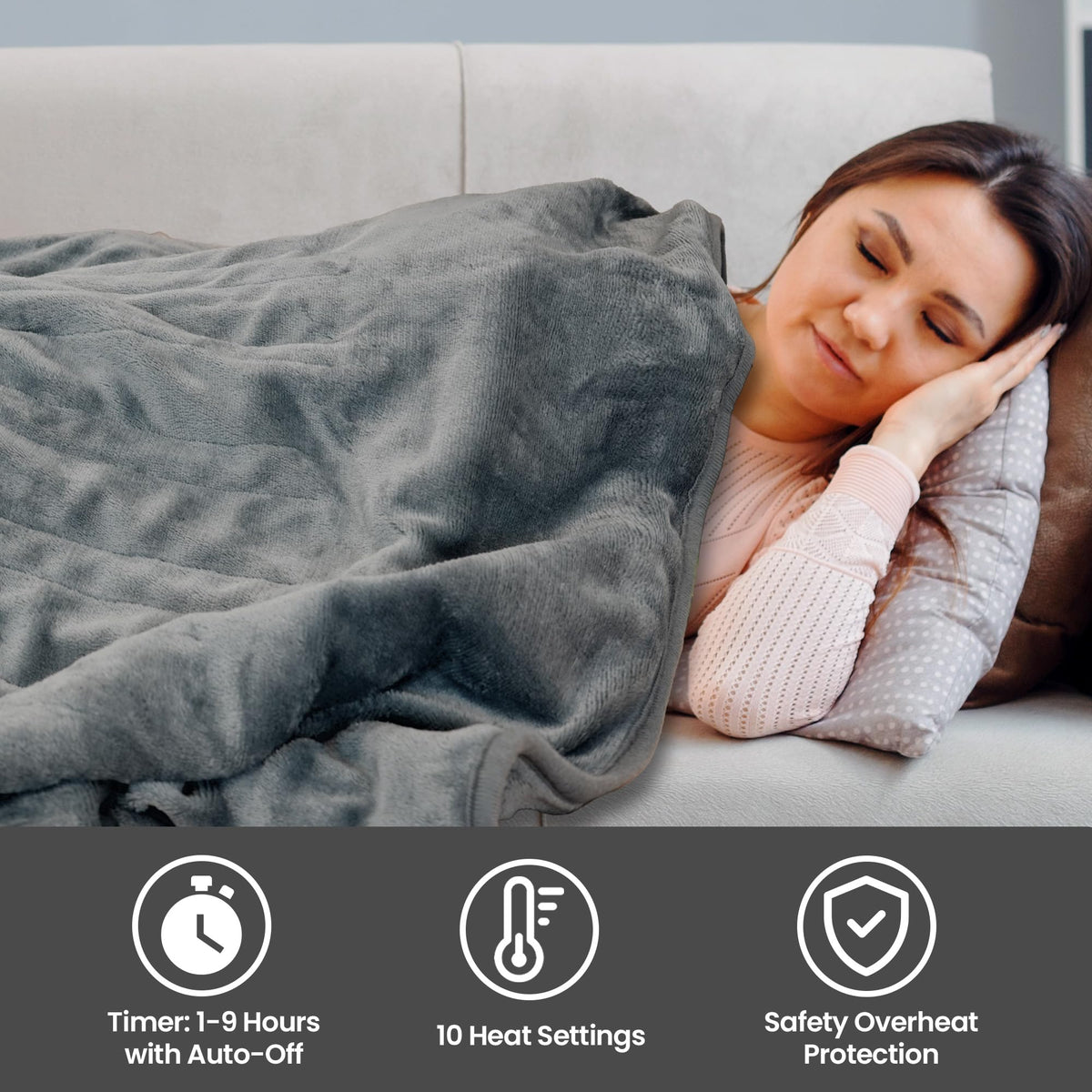Schallen Grey Soft Heated Warm Throw Over Blanket with Timer and 10 Heat Settings 120x160cm