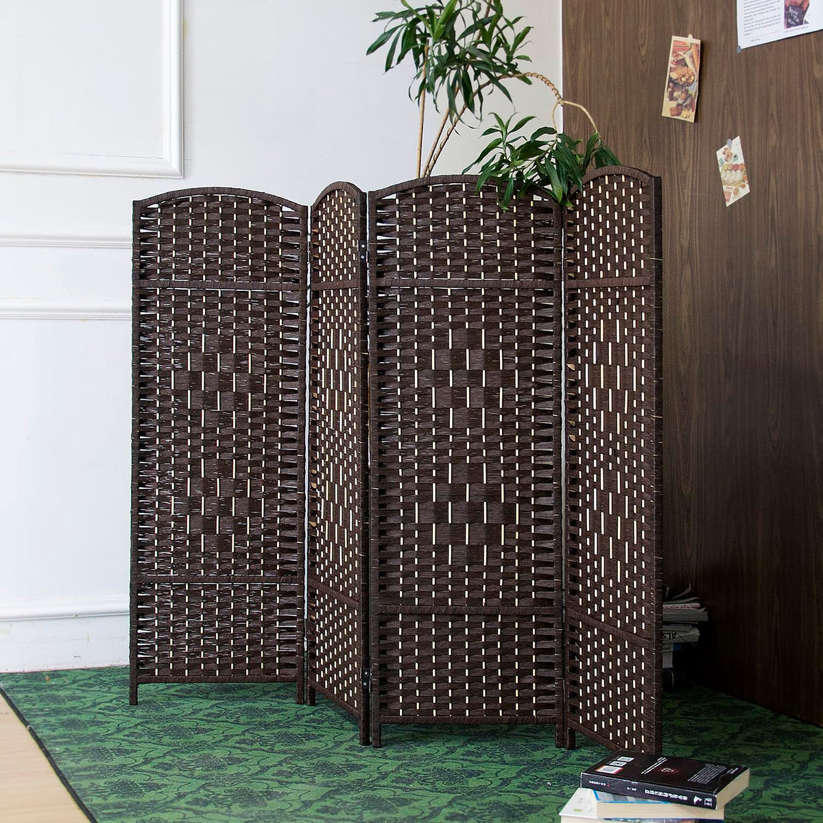 Furnnylane 4 Panel Dark Brown Rattan Divider Short Room Partition Screen,Double Sided Short Folding Divider for Room Separation,120 cm Tall