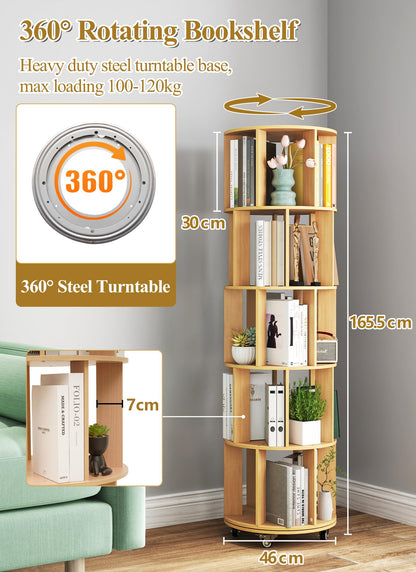 yeshine Rotating Bookshelf, 5-Tier Wood Color Spinning Bookcase
