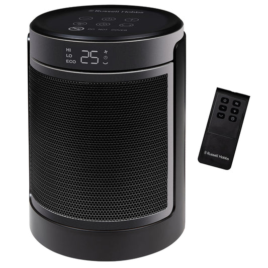 Russell Hobbs Space Heater in Black & Silver 1500W Portable Oscillating Ceramic Round Electric Heater, Low Energy Digital Display, 4 Modes, 24hr Auto
