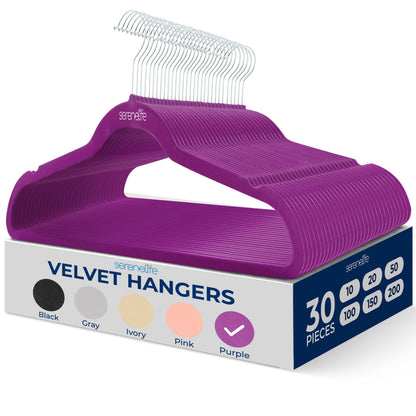 SereneLife Velvet Hangers, Purple, 30-Pack - Non-Slip Adult Coat Hangers