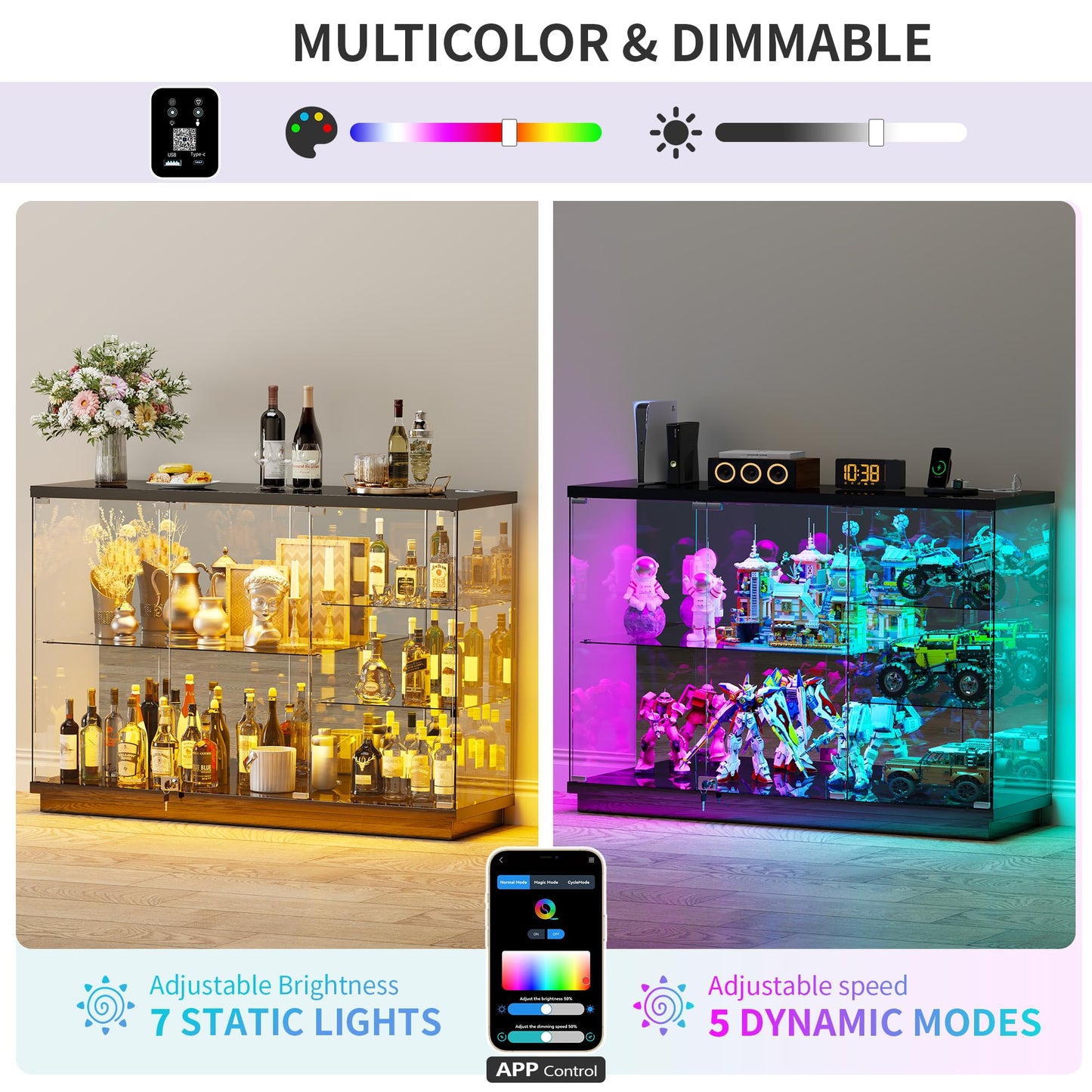High Gloss Glass Display Cabinets with RGB lighting for Bedroom,Black