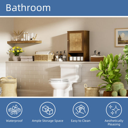 HITNET Bathroom Cabinet Wall Mounted, Rattan Medicine Cabinet, Bamboo Hanging Storage Organizer Over the Toilet with Adjustable Shelf for Living Room