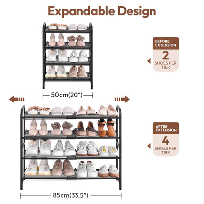 Yaheetech 4 Tier Extendable Shoe Rack with Mesh Shelf, Adjustable Shoe Organiser for Closet, Tool-Free Assembly, Stable Construction