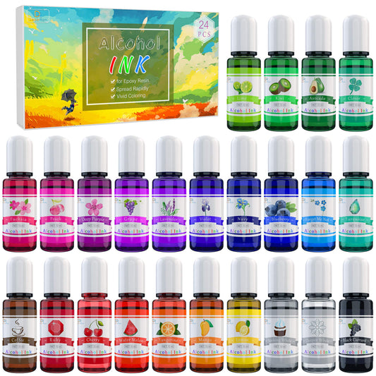 Alcohol Ink Set - 24 Vibrant Colours for Resin Art, Epoxy Painting - Concentrated Ink Dye for Tumbler Making - 24 x 10ml