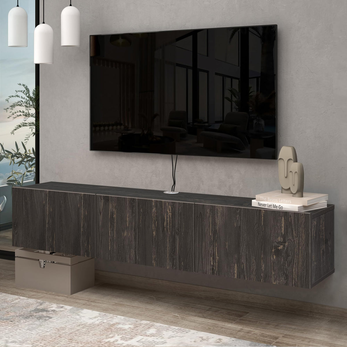 Atelier Mobili Black Floating TV Stand, TV Stand 65 Inch, Floating Entertainment Center for 80 inch TV, Black TV Cabinet, Floating TV Shelf Under TV