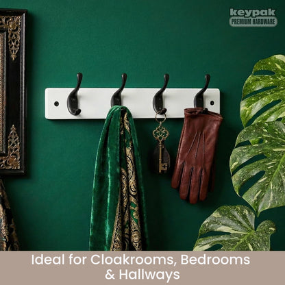 keypak 4 Matte Black Coat Hooks on White Wooden 46cm Board. 3.4kg Per Hook