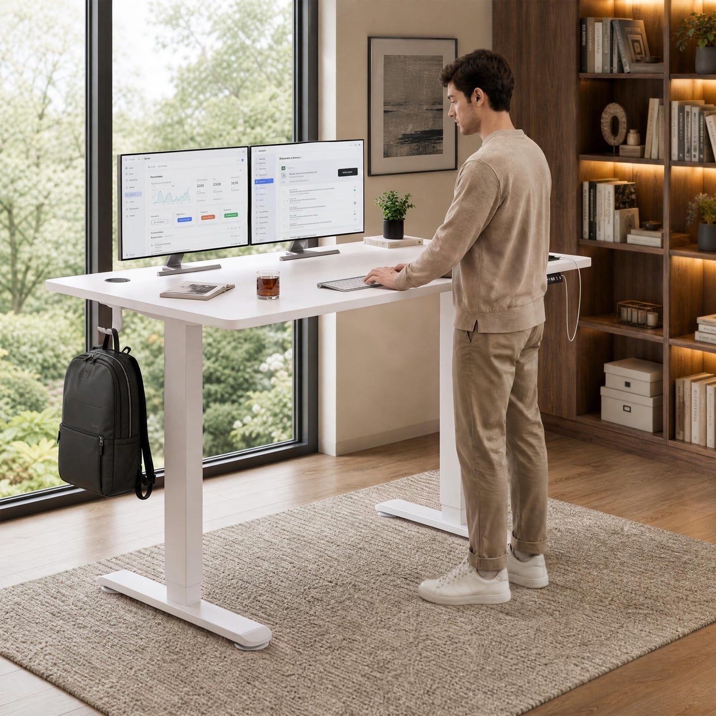 Homall Height Adjustable Electric Standing Desk 140x70cm Sit Stand Desk with USB Charging, Time Reminder, 3 Memory Settings, Wire Management Tray