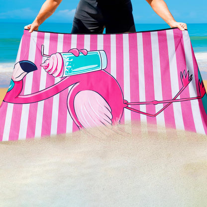 Violetpos Flamingo with Drink Beach Towel, Extra Large 180x90 cm 250GSM Microfibre, Sand Free Quick Dry
