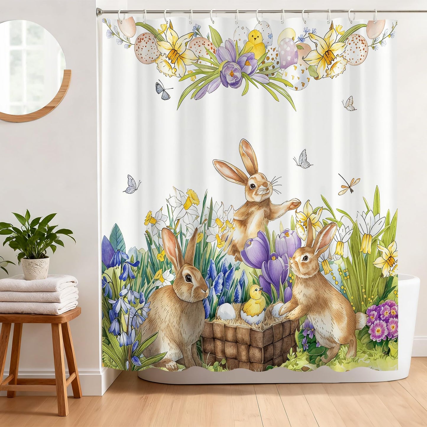 BREASOME Spring Easter Bunny Shower Curtain 180 x 180 cm Cute Rabbit Chicken Egg Floral Shower Curtain for Bathroom Decor Mould Proof Waterproof