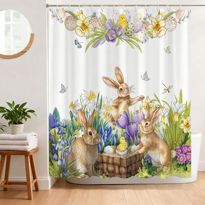 BREASOME Spring Easter Bunny Shower Curtain 180 x 180 cm Cute Rabbit Chicken Egg Floral Shower Curtain for Bathroom Decor Mould Proof Waterproof