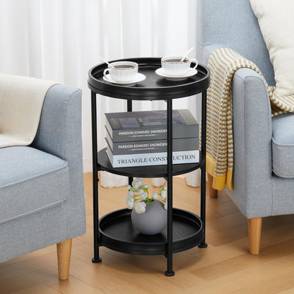 YEAKOO Industrial Nordic End Table, 3-Tier Round Side Table with Storage Shelf Edge Protection Tray