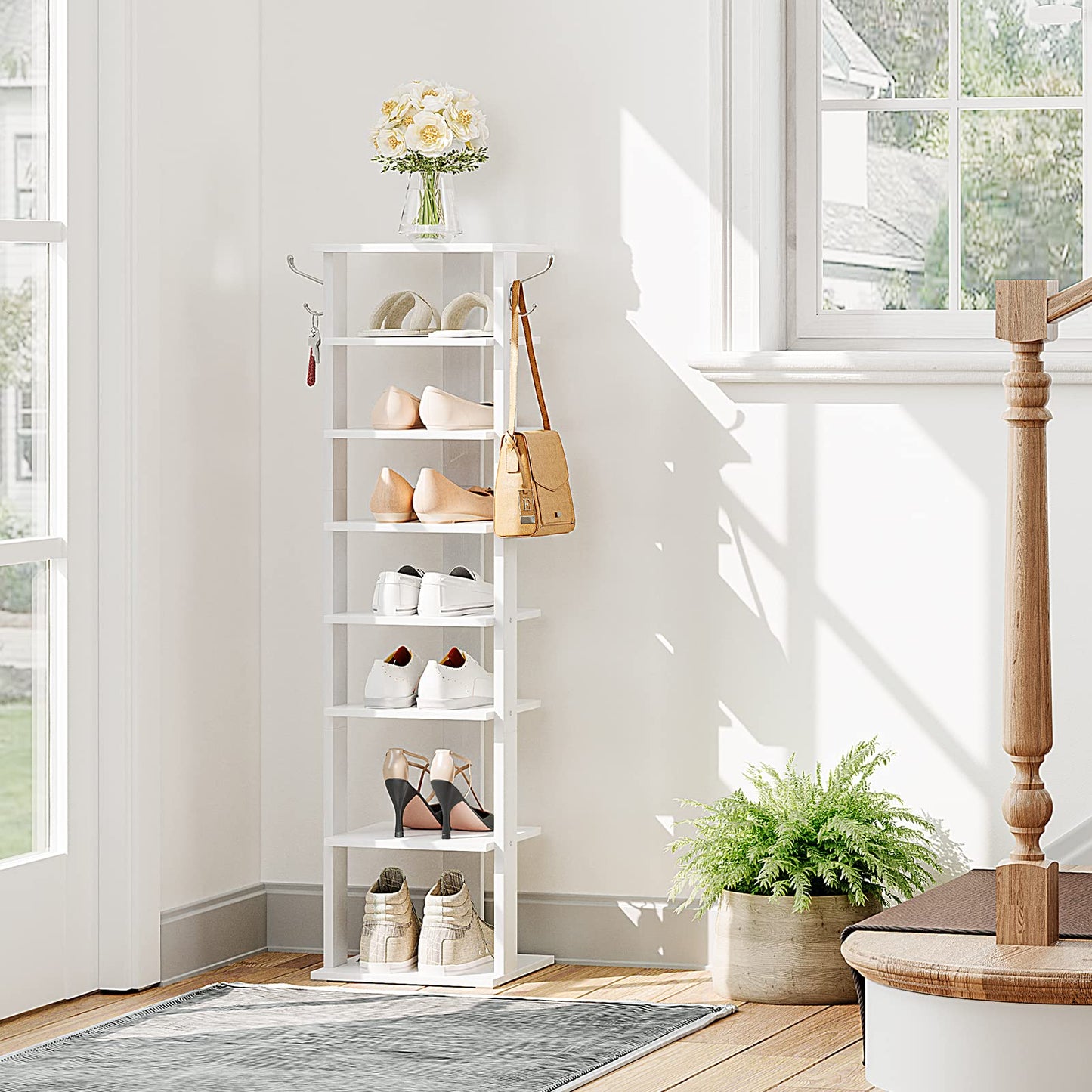 HOOBRO Shoe Rack Wooden, White Shoe Shelf, Tall, Narrow Shoe Storage Organizer with 2 Hooks, Vertical Shoe Tower for Entrance, Living Room, Hallway