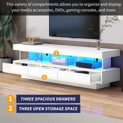 Ball & Cast TV Stand Cabinet, High Gloss TV Unit with LED Lights via Bluetooth, White TV Cabinet with 3 Drawers & 3 Open Storage Space