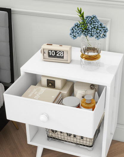 YMYNY Set of 2 Side Tables, Bedside Table, Sofa End Table, with Fabric Drawers and Open Shelf Unit, Solid Wood Legs, Nightstand, for Bedroom