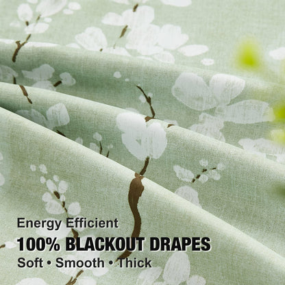 Fmfunctex Green Floral Blackout Curtains for Bedroom 90 inch Drop Eyelet Curtains for Living Room Nursary Blossom Thermal Insulated Window Curtain
