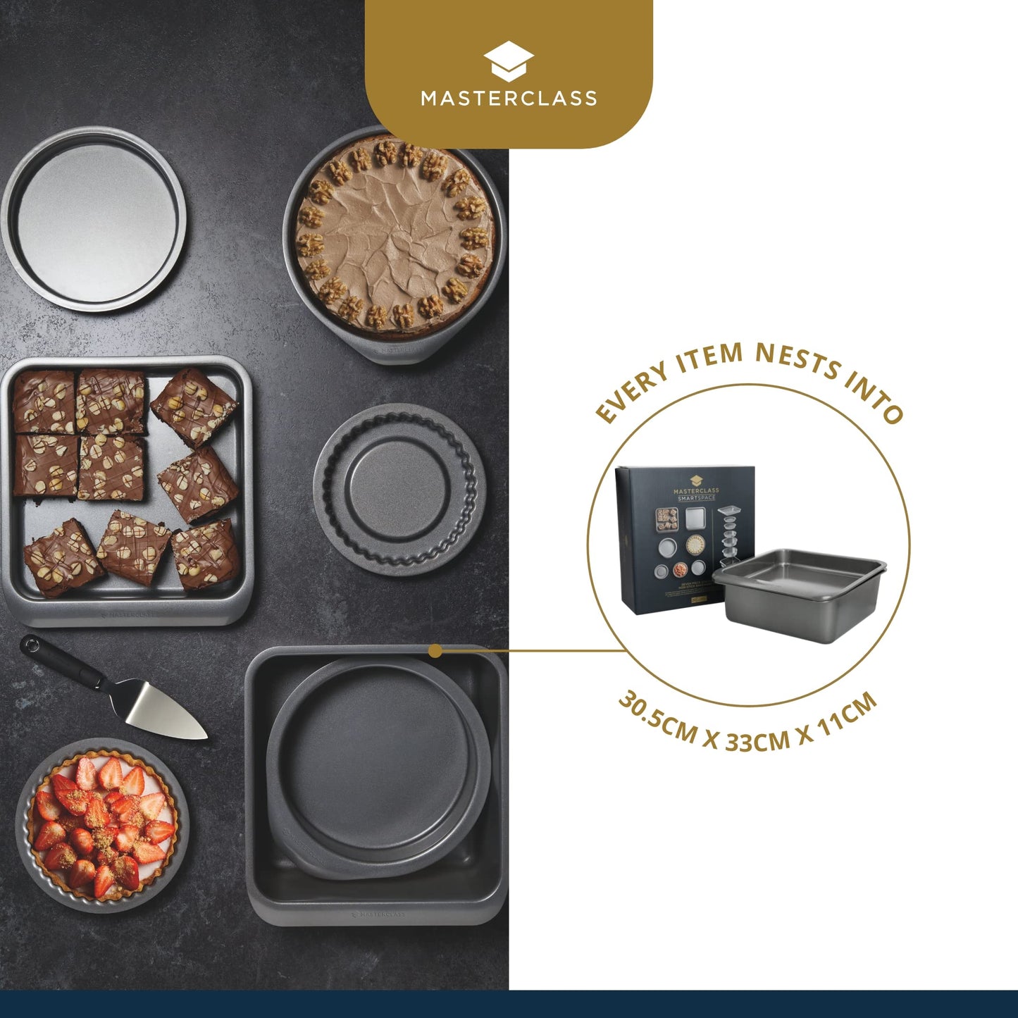MasterClass Smart Space Non Stick Bakeware/Baking Set, Carbon steel, Grey, 7 Pieces