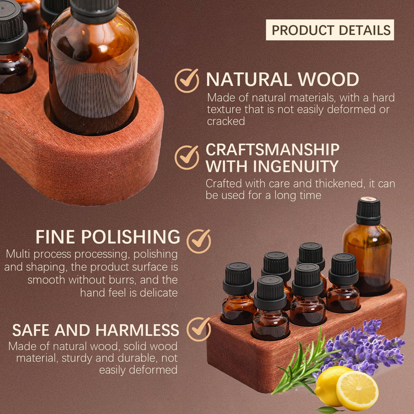 Wisnewth Wooden Essential Oil Holder with 7 Holes (4cmx6 & 6cmx1), Retro Desktop Display Rack for Bathroom Vanity Desk Organizer