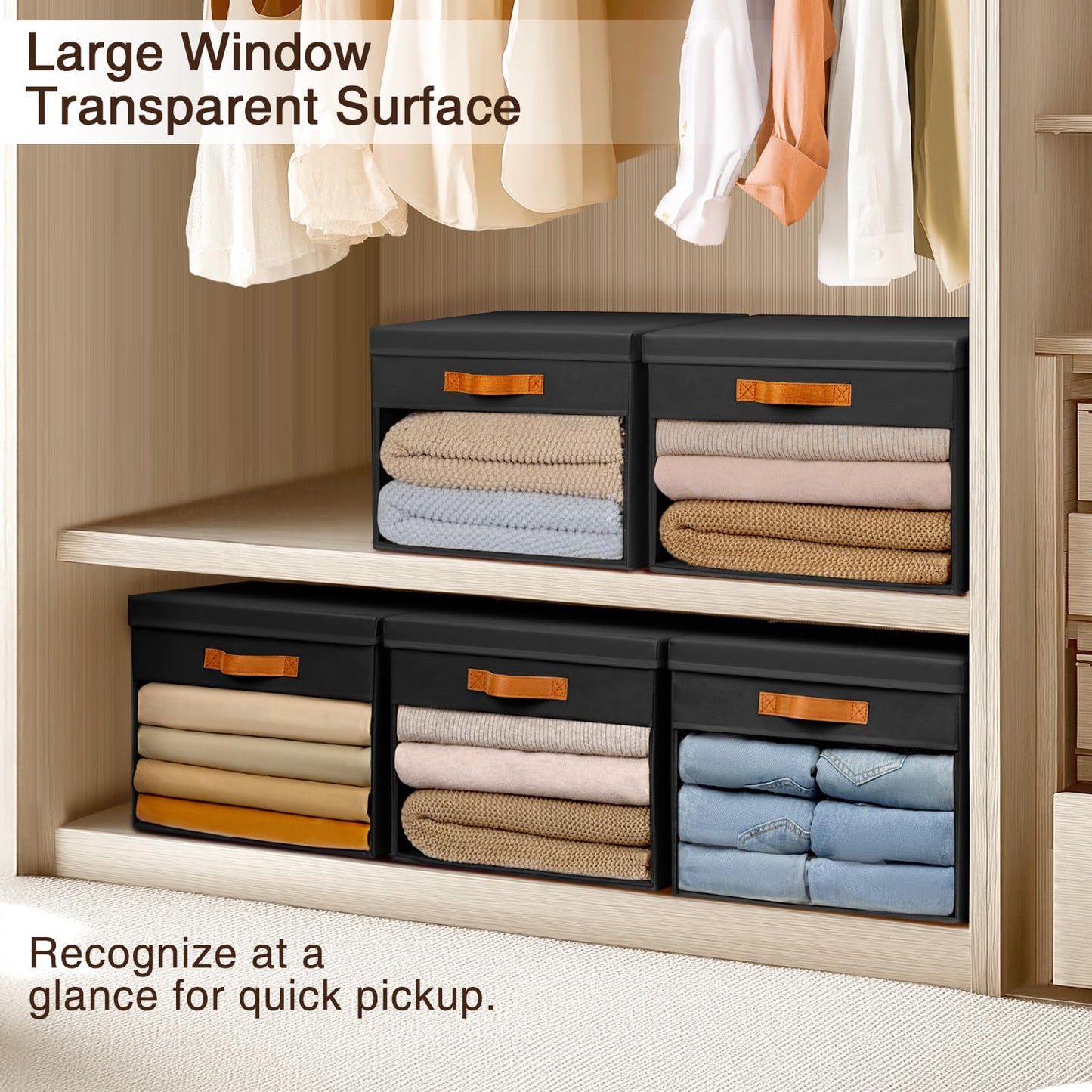Homsorout 3 Pack Fabric Storage Boxes with Lids & Clear Windows Black 22L