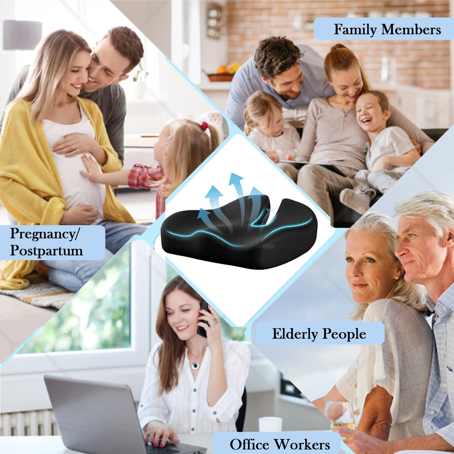 AmzDaKai Coccyx Cushion for Tailbone Pain & Sciatica Relief, Memory Foam Seat Cushion with W-Shape Design, Non-Slip Office Chair & Car Cushion