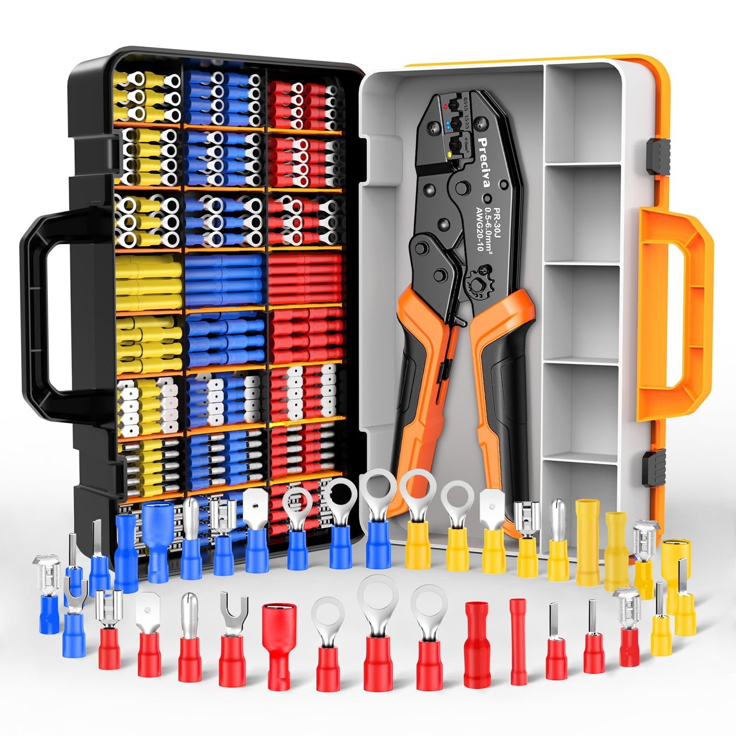 Insulated Wire Terminal Crimp Tool Kit,0.5-1.5/1.5-2.5/4-6mm?(A.W.G.20-10) Preciva Ratchet Crimping Plier with 425PCS Connectors,Ratchet Crimp Plier
