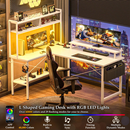 iSunirm L Shaped Gaming Desk with Power Outlets & LED Lights, Small L- Shaped Computer Corner Desk with Monitor Stand & Storage Shelf