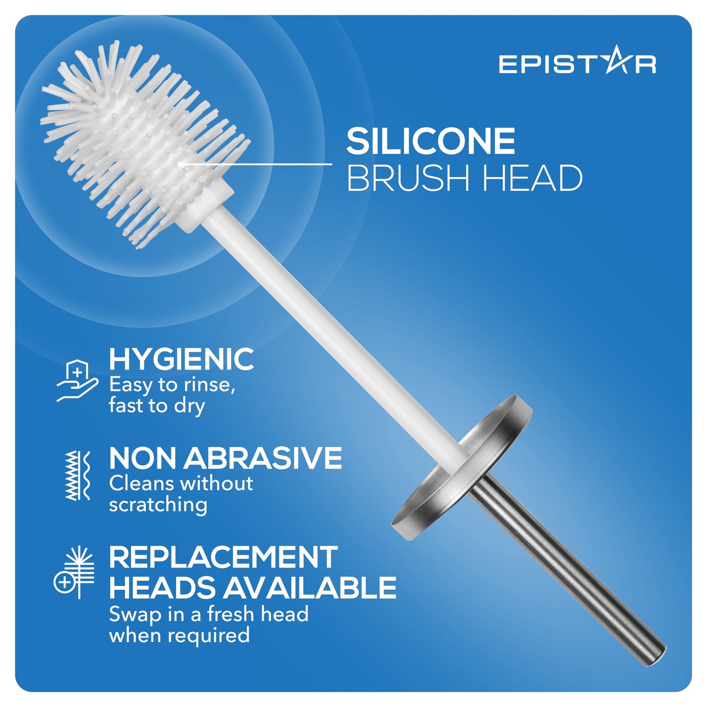 EPISTAR Silicone Toilet Brush & Holder Set - Stainless Steel - Replacement Heads Available - 45cm Tall - Toilet Brush Silicone with Long Handle