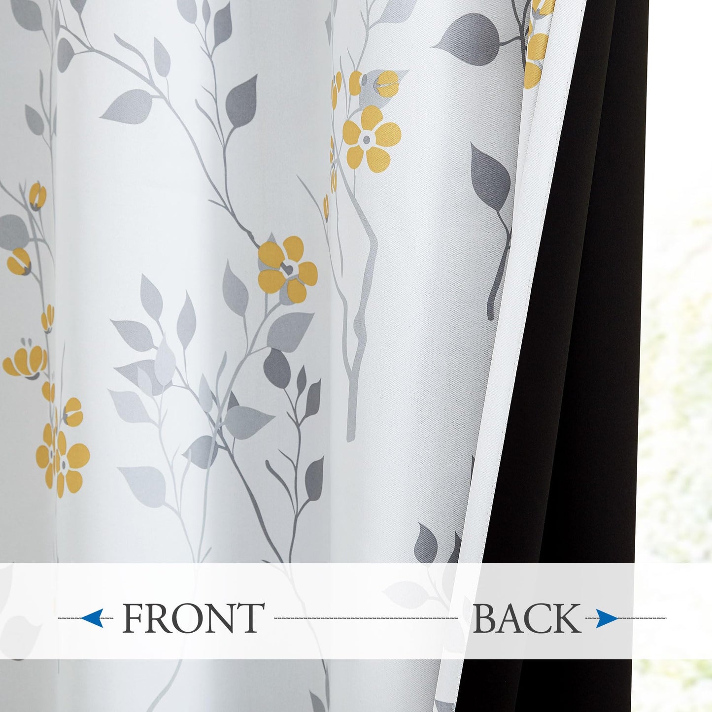 Beauoop Yellow Grey Floral Blackout Curtains for Bedroom Living Room 72 Inch Drop Leaf Print Eyelet Curtain Botanical Thermal Insulated Noise Reducing