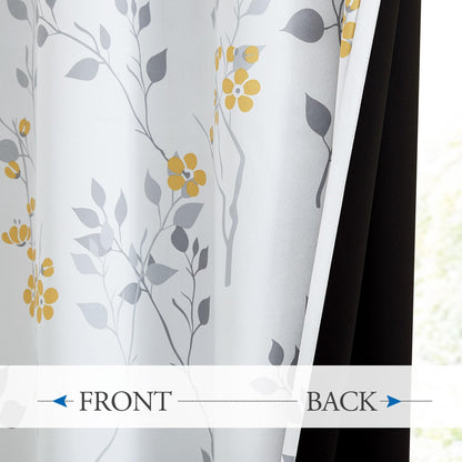 Beauoop Yellow Grey Floral Blackout Curtains for Bedroom Living Room 72 Inch Drop Leaf Print Eyelet Curtain Botanical Thermal Insulated Noise Reducing