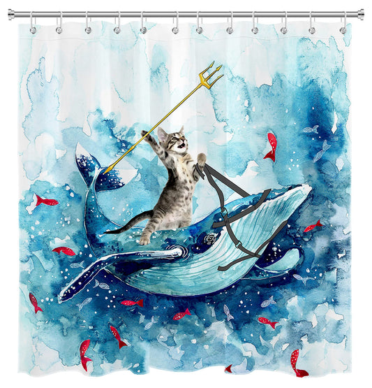 LB Funny Cat Shower Curtain, Blue Sea Whale Red Fish Kids Bath Curtain 180x180cm, Mould Proof Resistant Waterproof Fabric Shower Curtains for Bathroom