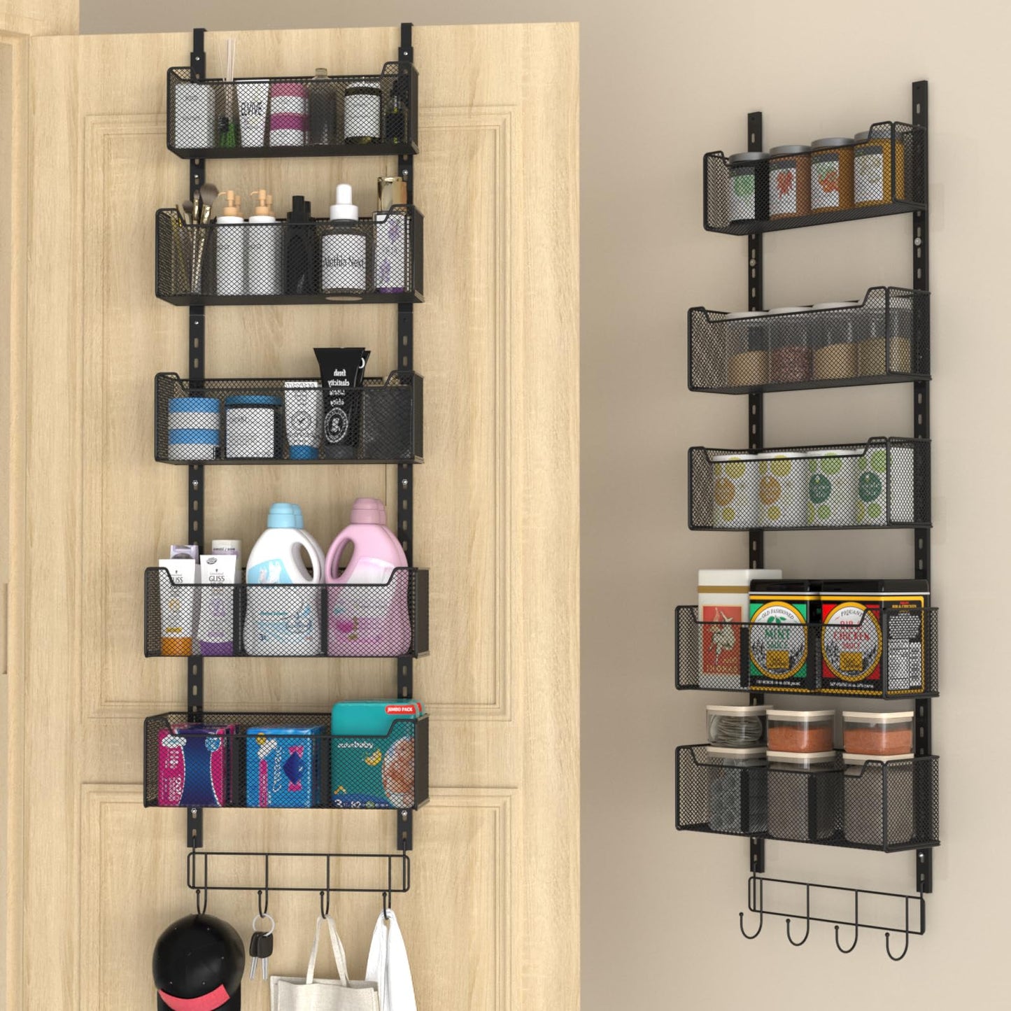 VyGrow Over The Door Storage, Metal Door Organiser Hanging with 5 Adjustable Baskets and Coat Hook