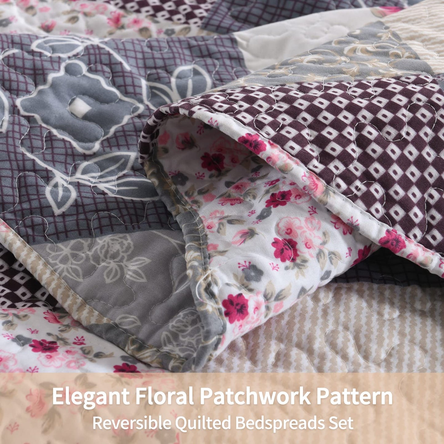 Qucover Bedspread Super King Size Lightweight Soft Microfiber Reversible Patchwork Quilted Bedspread, Elegant Rose Floral and Grey Checked Pattern