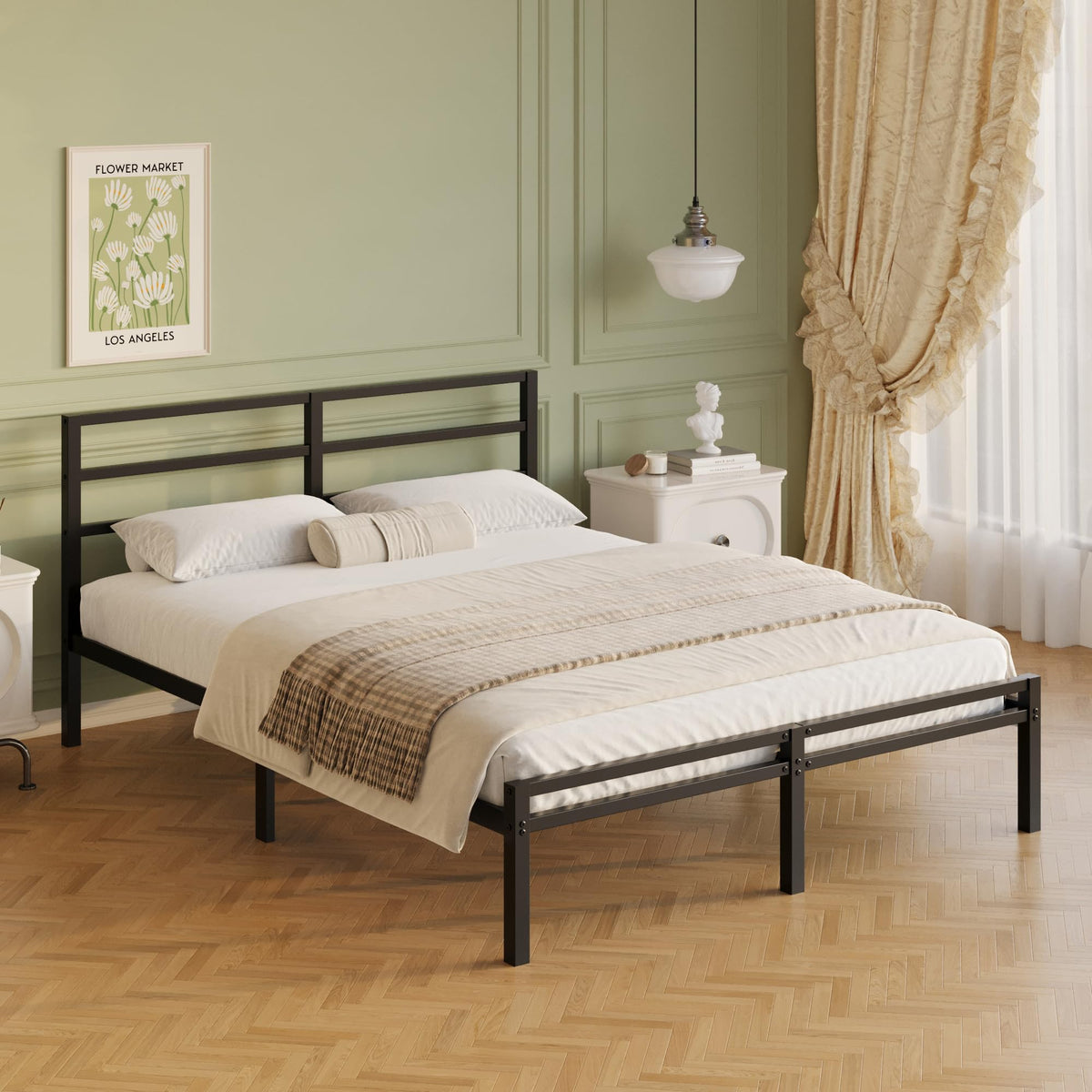 Lutown-Teen Metal Double Bed Frame with Headboard and Footboard