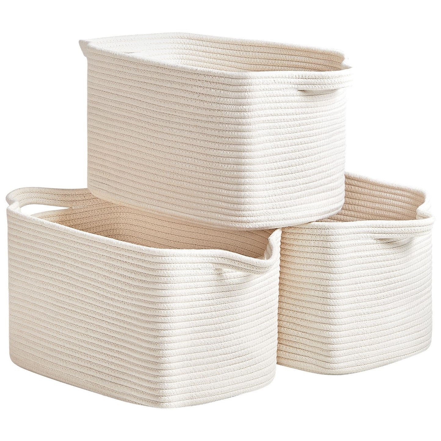 R RUNKA 3 Packs Cotton Rope Woven Basket With Handles for Shelves -15"*10.2"*9.1"(White)