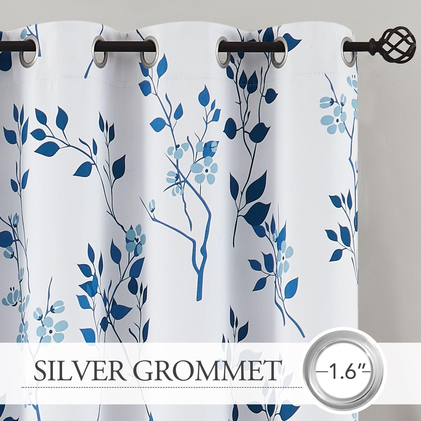 Beauoop Navy Blue Floral Blackout Curtains for Living Room Bedroom 90 Inch Drop Leaf Print Eyelet Curtain Botanical Thermal Insulated Noise Reducing