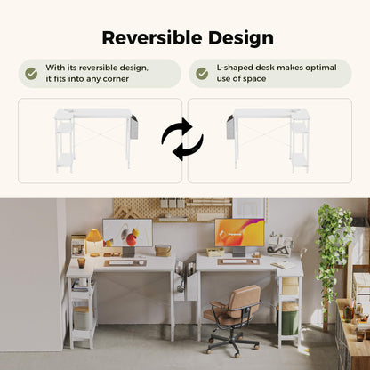 Mericonia Reversible Corner Desk, w. Power Outlets, 100x70cm, White