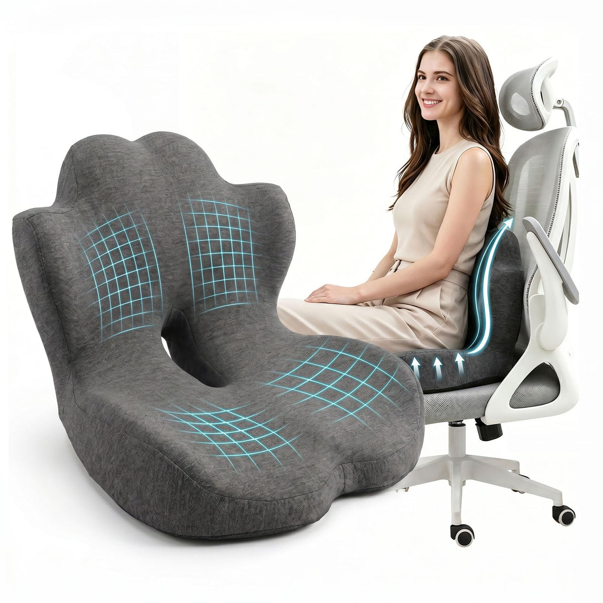 wiksite Seat Cushion Memory Foam - 2 in 1 Seat Cushion and Lumbar Support Pillow Ergonomic Car Seat Cushions for Driving Coccyx Cushion for Tailbone
