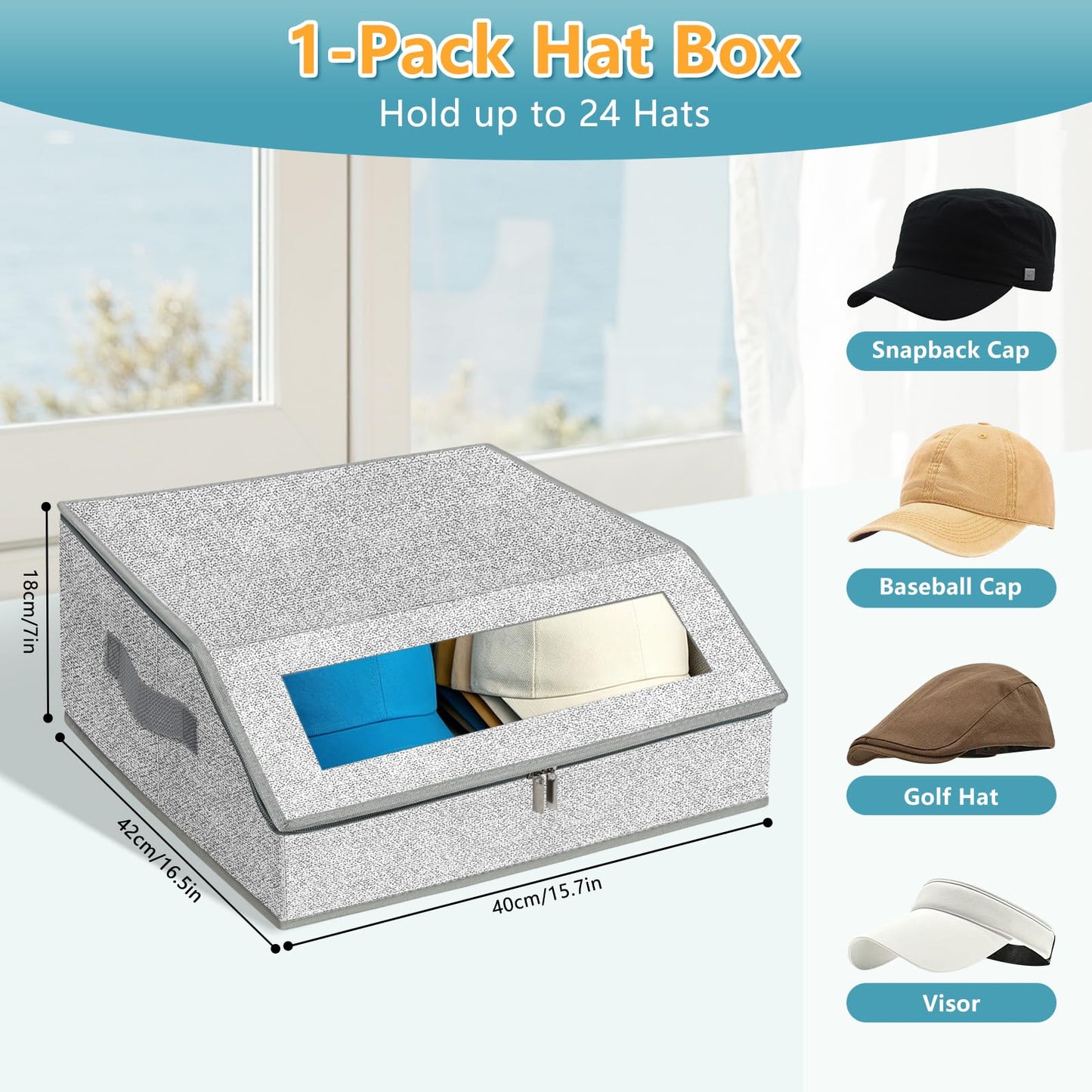 HOTOOLME Stackable Hat Storage Box,Foldable Baseball Cap Organizer（L）