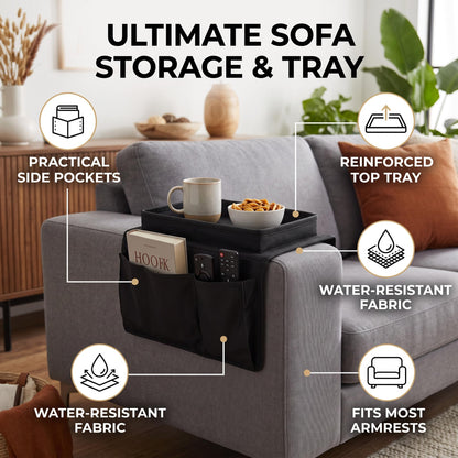Ejoyous Sofa Armrest Organizer, 4 Pockets Couch Bag for TV Remote Control, Oxford Cloth Armchair Storage with Cup Holder Tray (Black)