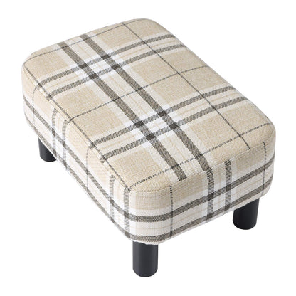IBUYKE 42CM Small Footstool, Linen Fabric Pouf, with Padded Seat Pine Wood Legs Rectangular Stool, Small Under Desk Footrest