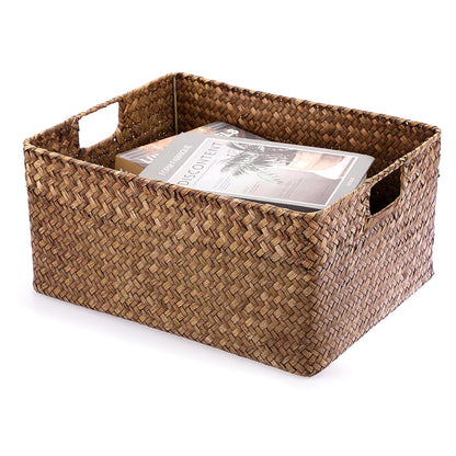 IGNPION Seagrass Storage Opened Basket Living Room Decorative Baskets Woven Wicker Towel Basket Rectangular Bathroom Storage Organiser Box