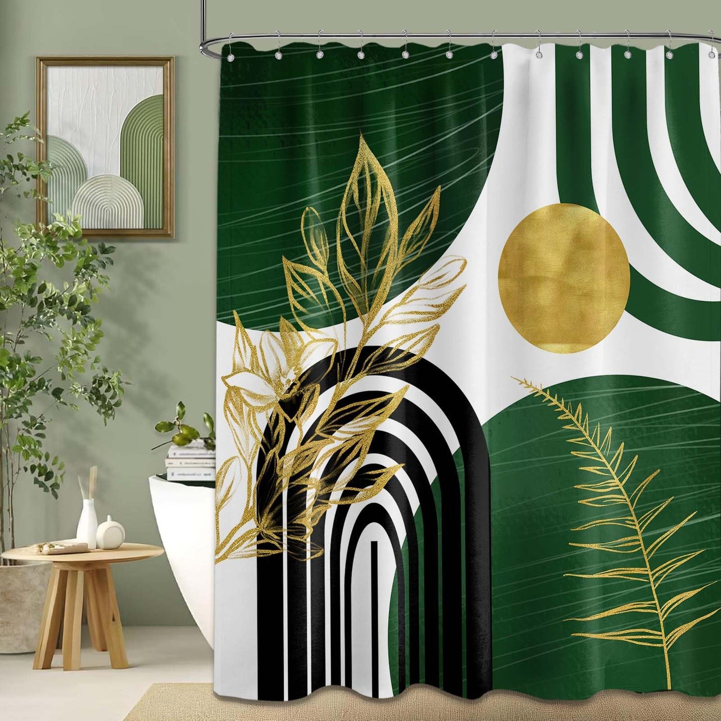 LanZanthic Dark Green Boho Shower Curtains for Bathroom Green and Gold Abstract Mid Century Modern Wet Room Shower Curtain, Washable, Waterproof,