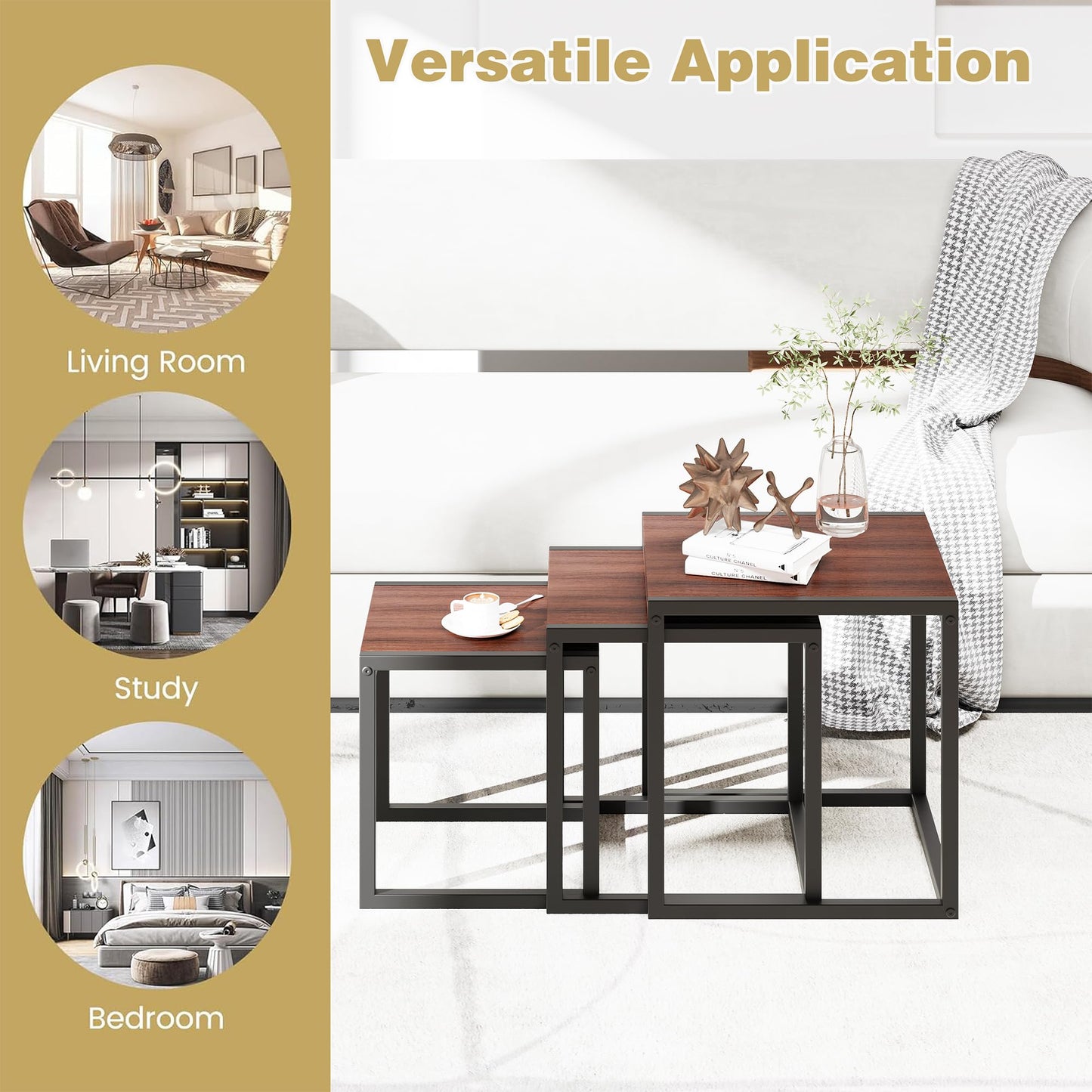 DUMEE Nesting Coffee Tables Set of 3,Sofa End Tables,Nest of Tables Walnut
