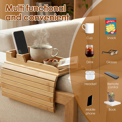 Natural Bamboo Sofa Arm Tray with Couch Cup Holder, Anti Falling Couch Arm Tray Table, Foldable Sofa Armchair Caddy, Sofas Side Table for Snacks