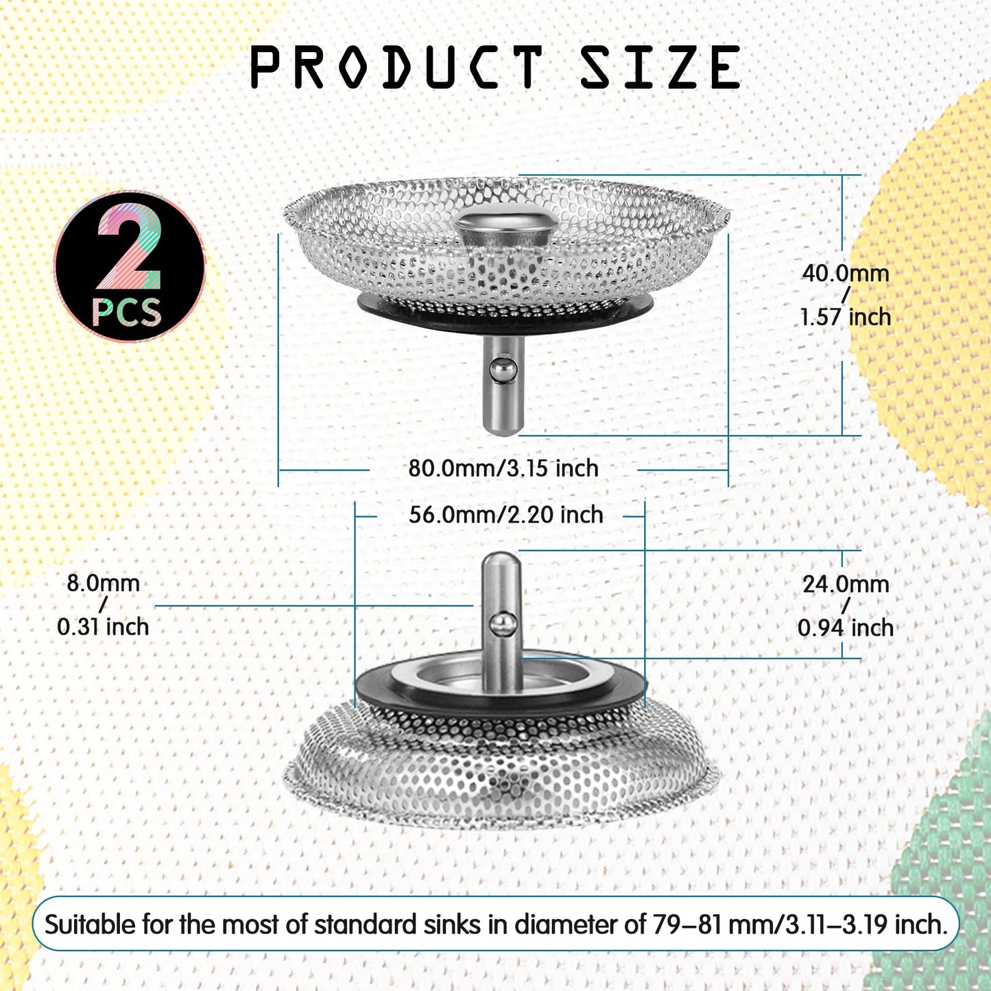 2 Pack Kitchen Sink Plug and Strainer, 304 Stainless Sink Strainer Plug, Sink Strainer, Stainless steel drain plug