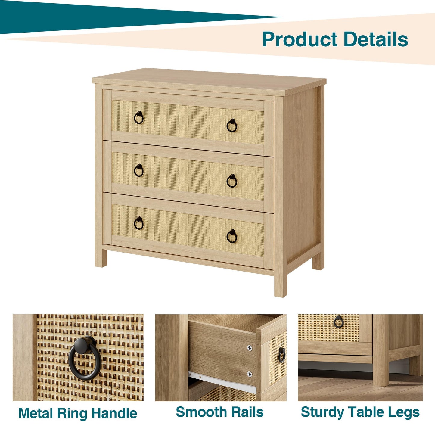 Crevyteg Natural Rattan Weave Dresser with Multiple Drawers, Sturdy Engineered Wood Storage Chest for Bedroom Living Room Nursery Hallway Organization