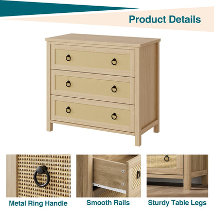 Crevyteg Natural Rattan Weave Dresser with Multiple Drawers, Sturdy Engineered Wood Storage Chest for Bedroom Living Room Nursery Hallway Organization